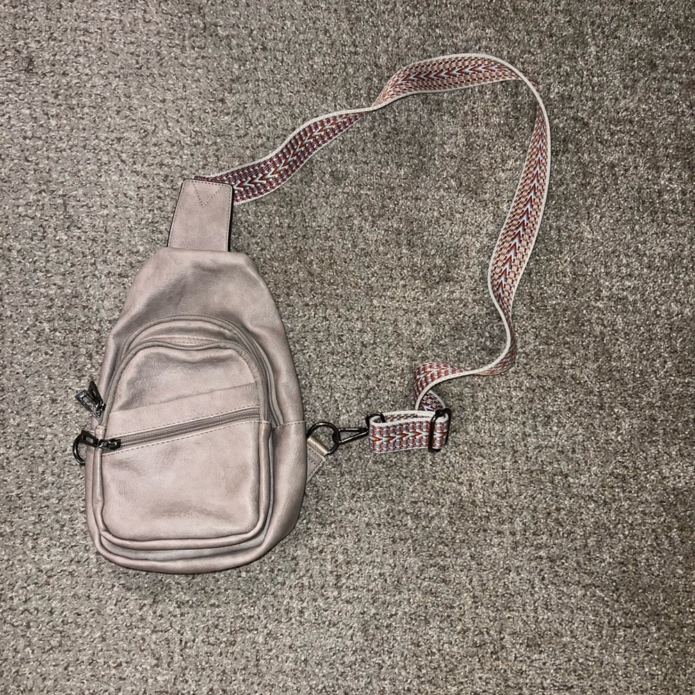Faux Leather Tan Crossbody Bag with Guitar style Strap